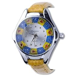 Pugster Round Yellow Band Flower Encircled Murano Millefiori Watch Wrist