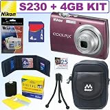 Nikon Coolpix S230 10MP Digital Camera (Plum) + 4GB Accessory Kit