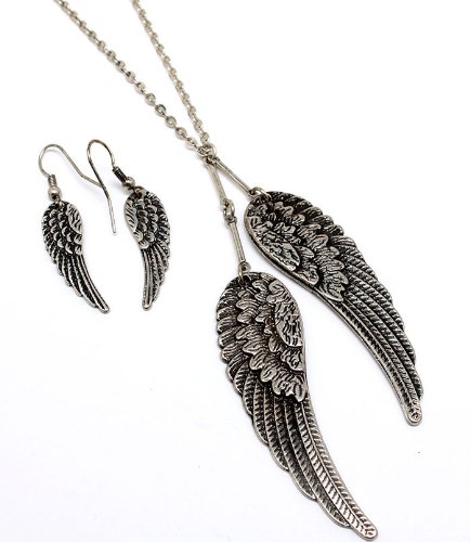 Elegant Antique Silver Plated Angel Wings Necklace and Earrings Set