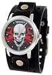Nemesis #BR922K Black Leather Band with Round Flaming Skull Watch Case