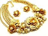 True Large and Beautiful Flower and Pearl 6 Stranded Bib Necklace and Flower Earrings Set Comes Gift Boxed Matte Gold Tone