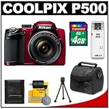 Nikon Coolpix P500 12.1 MP Digital Camera (Red) with 4GB Card + Case + Clea ....