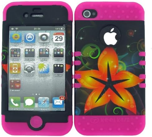 For Apple Iphone 4 4s Orange Hibiscus Flower Heavy Duty Case + Hot Pink Rubber Skin Accessories