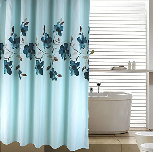 Noemie Hogar Supersoft Polyester Fabric Sky Blue Orchid Shower Curtain with Set of 12 Roller Shower Curtain Rings (95-Inch by 79-Inc)