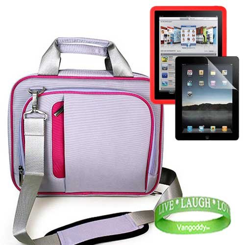 Apple iPad Accessories kit for travel and protection Includes: ** PURPLE - HOT PINK TRIM ** Apple iPad Messenger Bag Carrying Case + ** RED ** Apple iPad Silicone Skin + Apple iPad Screen Protector + Live * Laugh * Love Wrist Band!!!