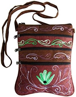 Embroidered 5 Zippered Multi-pockets Cross Body Purse Bag