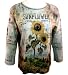 Cactus Fashion Rhinestone Highlighted, Artistically Printed, 3/4 Sleeve, Light Blue Colored Cotton Women's Fashion Top - Sunflower