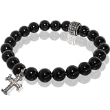 Onyx Stretch Bracelet with Cross Charm & Stainless Steel Bead Accent