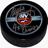 Mike Bossy Autographed New York Islanders Game Model Puck with 4x SC Champs Inscription