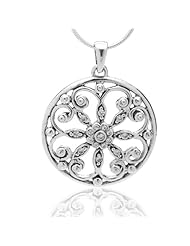 Chuvora .925 Sterling Silver Filigree "Flower Of Life" Round Arabesque Design With Clear CZ Stone Pendant Necklace 18", Fashion Jewelry for Women, Teen, Girl