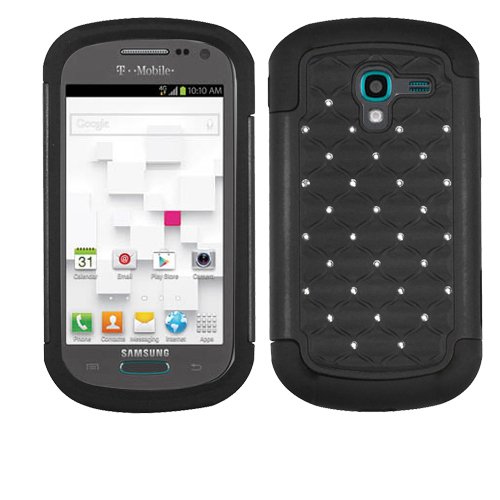 Samsung Galaxy Exhibit T599 Black And Black Studded Diamond Rhinestone Bling Hybrid Protector Cover Case