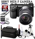 Sony Alpha NEX-7 24.3 MP Compact Interchangeable Lens Camera (Black Body) with Sony E-Mount SEL 1855 18-55mm f/3.5-5.6 Zoom Lens (Silver) + Sony Case + 64GB SDXC (Willoughby's Premiere Edition)