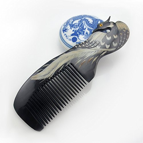 Greenery Luxury Delicate Natural Black Buffalo Horn Hair Comb Handcraft with Phoenix Carvings Handle, Nice Christmas Gift