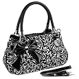 TWEED Black & White Floral w/Bow Satchel Bowler Hobo Handbag Purse Weave Double Handles
