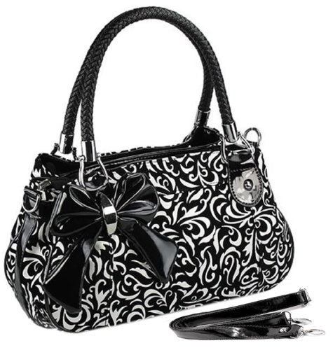 TWEED Black & White Floral w Bow Satchel Bowler Hobo Handbag Purse Weave Double Handles