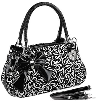 TWEED Black & White Floral w/Bow Satchel Bowler Hobo Handbag Purse Weave Double Handles