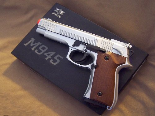 New M945S Airsoft Spring Loaded Cock & Shoot Silver Pistol Gun, Wood Grain Style Handle