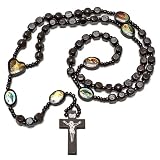Religious Black Wooden Bead Rosary With Jesus Mary Picture Beads Center Heart 6mm x 6mm - 24 inch Necklace - 7 inch Drop Length