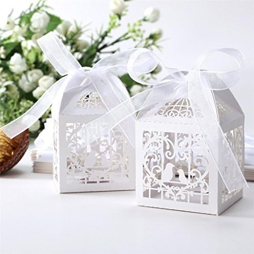 Wantop 50Pcs Love Birds Laser Cut hollow flower Favor Candy Box with Ribbons Bridal Shower Wedding Party Favors - White