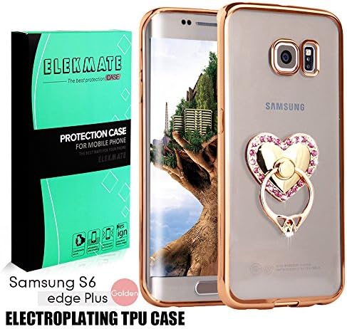 [Ring Buckles + Electroplate Frame TPU] Samsung Galaxy S6 Edge+ / S6 Edge Plus Clear Case, ELEKMATE® Ultra Thin Protective Back Cover Case for S6 Edge+ / S6 Edge Plus [CZ Diamond] (Gold+Pink Heart)