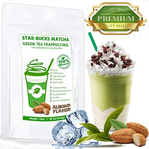 STAR-BUCK Matcha Latte Frappe Mix (16oz/Almond) - STAR Quality Matcha for a few BUCKS - Made with Certified 100% Organic Matcha infused with NATURAL ALMOND FLAVOR. Makes 30 Servings