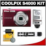 cheap Nikon Coolpix S4000 12 MP Digital Camera with 4x Optical Zoom (Red) with + Flash + Cleaning Kit