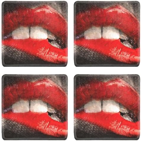 Red Lipstick Bitten Lip Kissing Square Coaster (4 Piece) Set Fabric Rubber 5 1/8 Inch (130mm) Size Coaster Cup Mug Can Water Bottle Drink Coasters Stain Resistance Collector Kit Kitchen Table Top Desk
