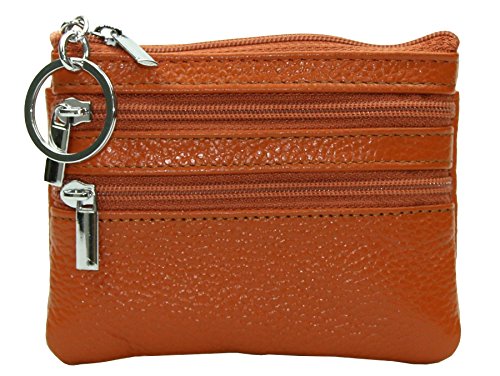 ETIAL Womens Cowhide Leather Dual Zipper Coin Change Purse Key Ring