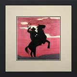 Susho, King Silk Art Handmade Silk Embroidery - Cowboy Silhouette at Sunset - White Mat Framed Medium Size 37080WF
