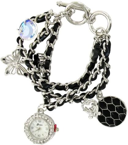 Geneva Elite Women's Multi-strand Bracelet Charm Watch-Black-Silver