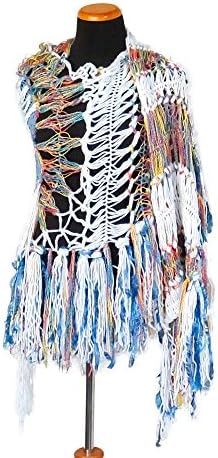 Handmade Fringe Shawl Wrap Tree of Life Open Freeform Crochet Lace Maxi Fringe (Rainbow One Size)