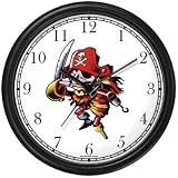 Pirate with Hook & Peg Leg and Patch over Eye Holding Sword - Pirate Theme Wall Clock by WatchBuddy Timepieces (Black Frame)
