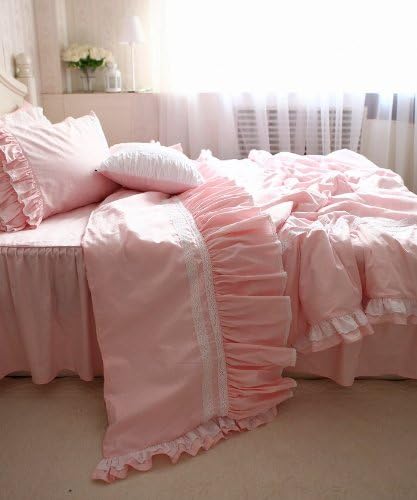 Pcs Rustic Cute Girls Pink & White Ruffle & Lace Coton Duvet Cover Korean Bedding Set201459 (Queen)