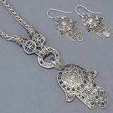 Silver Fashion Hamsa/Hand of Fatima Crystal Pendant Necklace Set with Earrings - Adjustable Chain