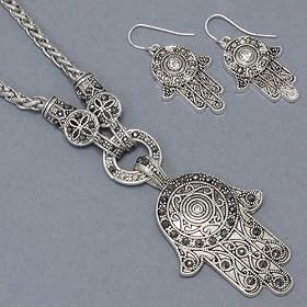 Silver Fashion Hamsa/Hand of Fatima Crystal Pendant Necklace Set with Earrings - Adjustable Chain: Jewelry