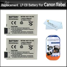 2 Pack Of Replacement Batteries For Canon LP-E8 1500MAH For The Canon Rebel T2i 2 Batteries In Total + Free LCD Screen Protectors