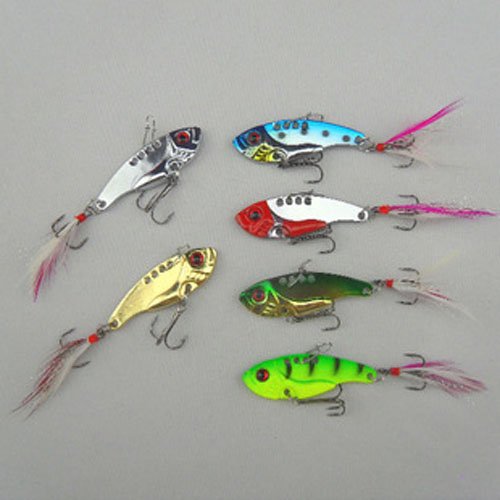 SAGUARO 4pcs 55mm VIB Metal Spoon Fishing Hard Lure Bass Blade Crank Bait Treble Hooks Spinners Sequins Paillette with Pin Feather Vibration Fishing Tackle Tools