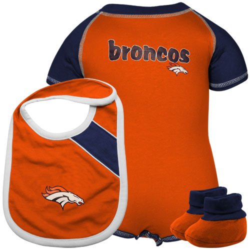 Reebok Denver Broncos Infant Orange-Navy Blue Creeper, Bib & Bootie Set (24 Months)