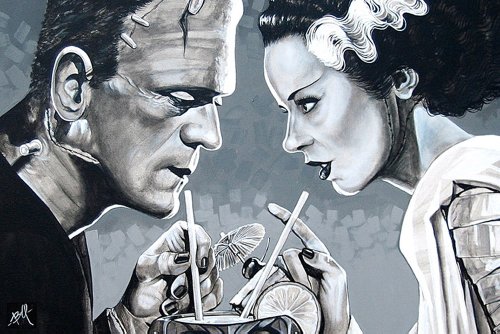 Amorous Libation by Mike Bell Bride of Frankenstein Art Print 18 in x 12 in