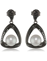 Black Rhodium Plated Sterling Silver 8 - 8.5mm Freshwater Cultured Pearl and Black and White Diamond Earpin Earrings, (0.2 cttw, G-H Color, I2-I3 Clarity)
