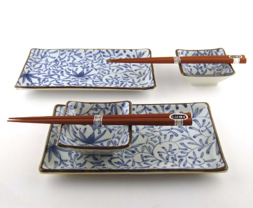 Japanese Sushi Tray Set for Two with Chopsticks, Blue Vine on White