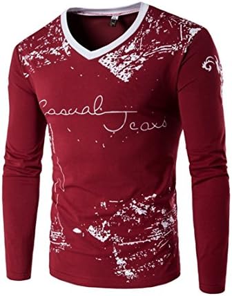 OrenMode Men's V-Neck Cotton Casual Long Sleeve Pullover T-Shirt Red Tag Size 4XL=US Size XL