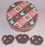 Scott's Cakes 1 lb. Milk Chocolate Covered Pretzel with Chocolate Chips in a Snowman Tin