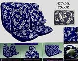Blue Hawaiian Hibiscus Auto Accessories Interior Combo - Front Low Back Bucket & Rear Bench Seat Covers, Steering Wheel Cover & Shoulder Pads