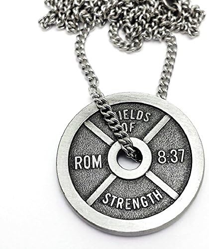 Ladies Weight Plate Antique Finish Necklace - Romans 8:37