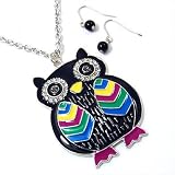 Colorful Owl Pendant Necklace and Earrings Set Fashion Jewelry