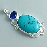 Silver Plated Turquoise Pendant with Cobalt Blue Rhinestone - Ladies Necklace Charm with December Birthstone (1.75 inch)