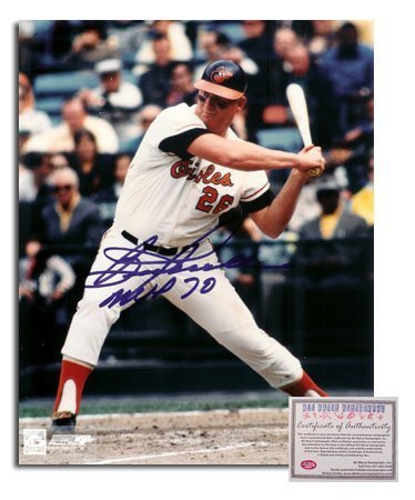 Boog Powell Baltimore Orioles MLB Hand Signed 8x10 Photograph Home Jersey Swinging with MVP 70 Inscription