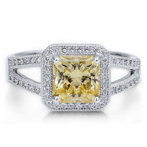 Sterling Silver 925 Princess Canary Cubic Zirconia CZ Split Shank Ring - Nickel Free Engagement Wedding Ring