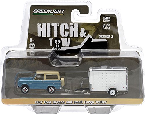 1967 Ford Bronco Blue & Small Cargo Trailer Hitch & Tow Series 2 1/64 by Greenlight 32020B